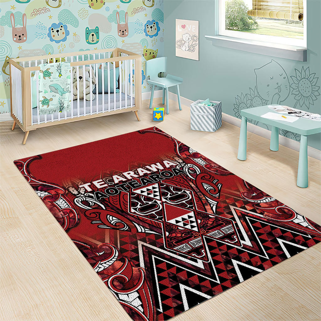 Aotearoa Te Arawa Area Rug Maori Tribal Dark Red Paua Shell Pattern