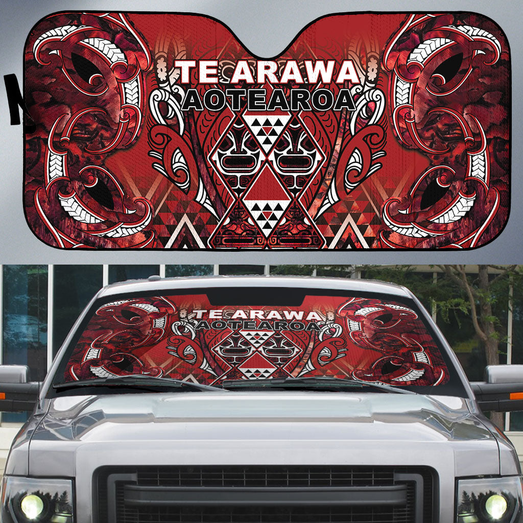 Aotearoa Te Arawa Auto Sun Shade Maori Tribal Dark Red Paua Shell Pattern