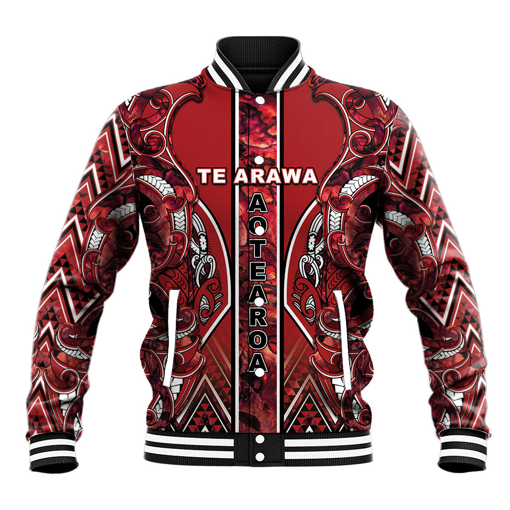 Aotearoa Te Arawa Baseball Jacket Maori Tribal Dark Red Paua Shell Pattern