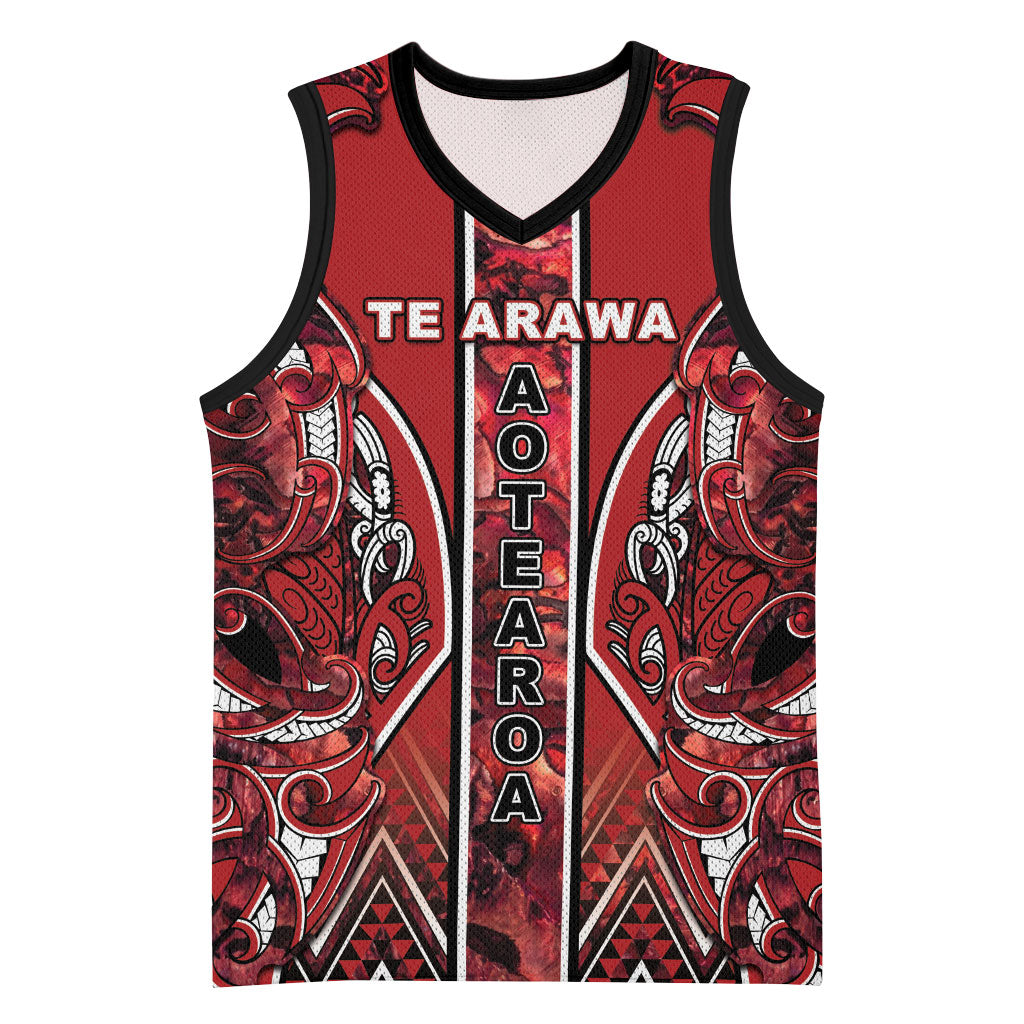 Aotearoa Te Arawa Basketball Jersey Maori Tribal Dark Red Paua Shell Pattern