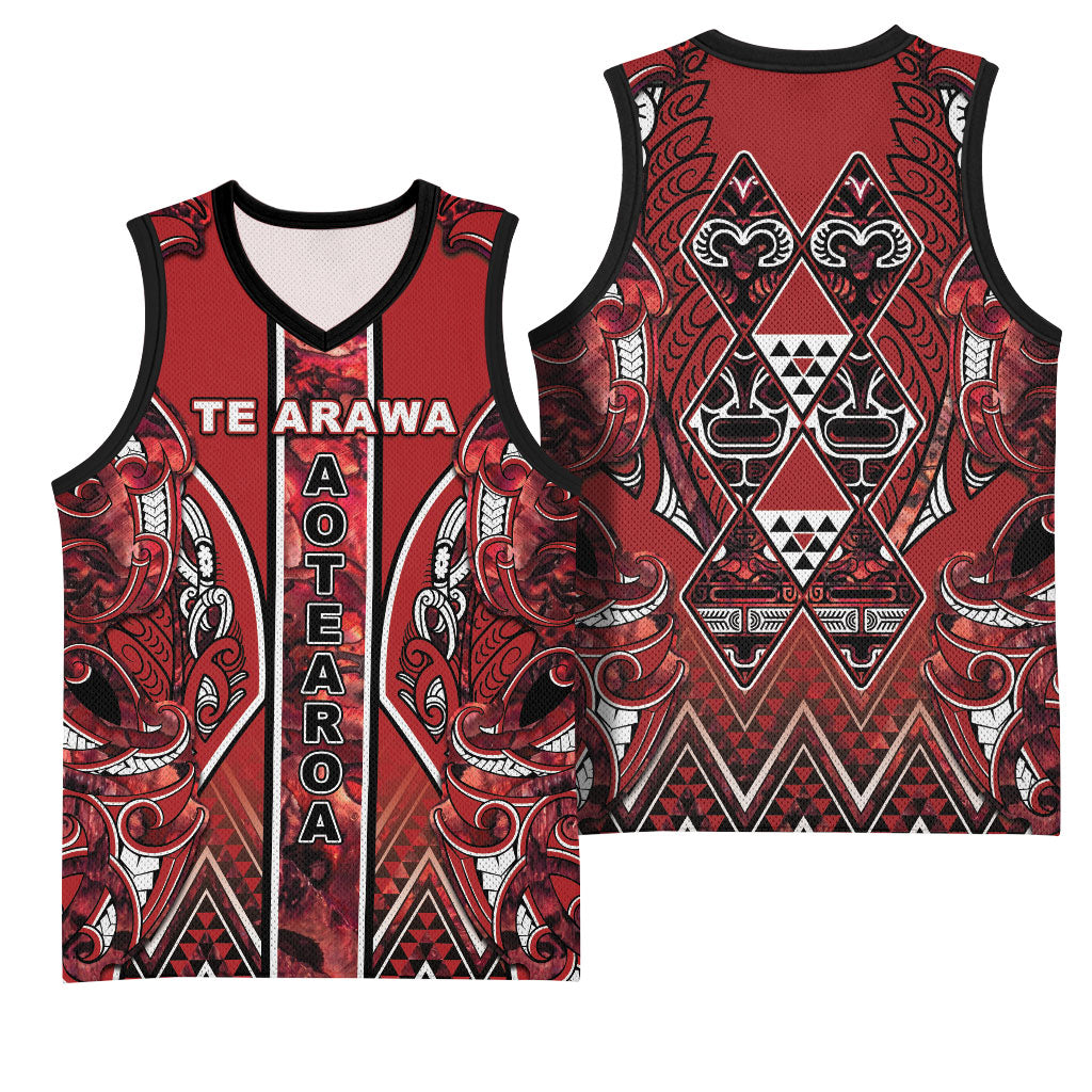 Aotearoa Te Arawa Basketball Jersey Maori Tribal Dark Red Paua Shell Pattern