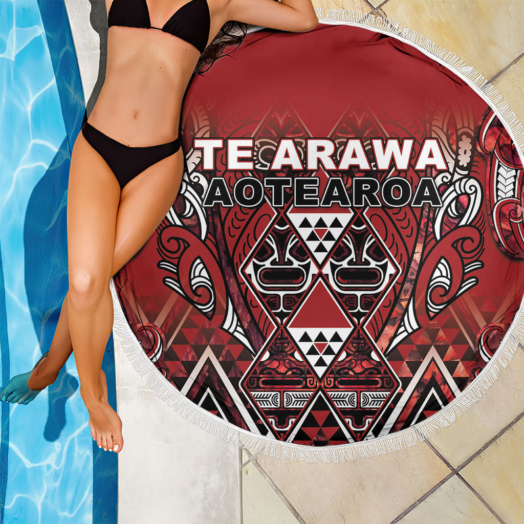 Aotearoa Te Arawa Beach Blanket Maori Tribal Dark Red Paua Shell Pattern