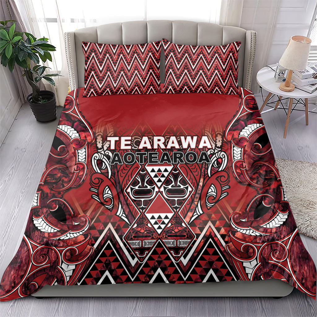 Aotearoa Te Arawa Bedding Set Maori Tribal Dark Red Paua Shell Pattern