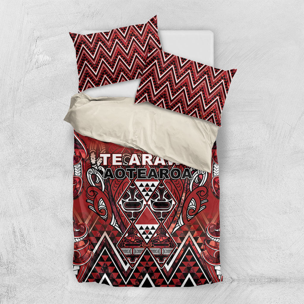 Aotearoa Te Arawa Bedding Set Maori Tribal Dark Red Paua Shell Pattern