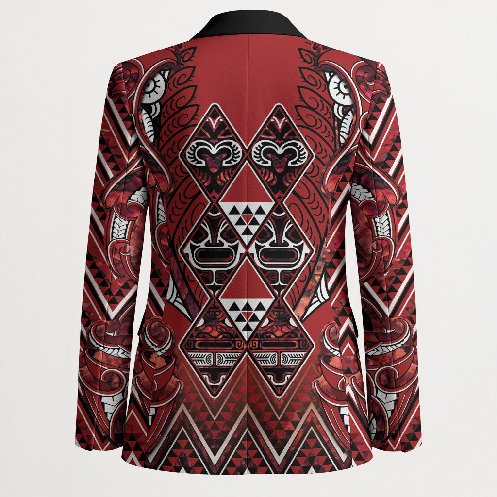 Aotearoa Te Arawa Blazer Maori Tribal Dark Red Paua Shell Pattern