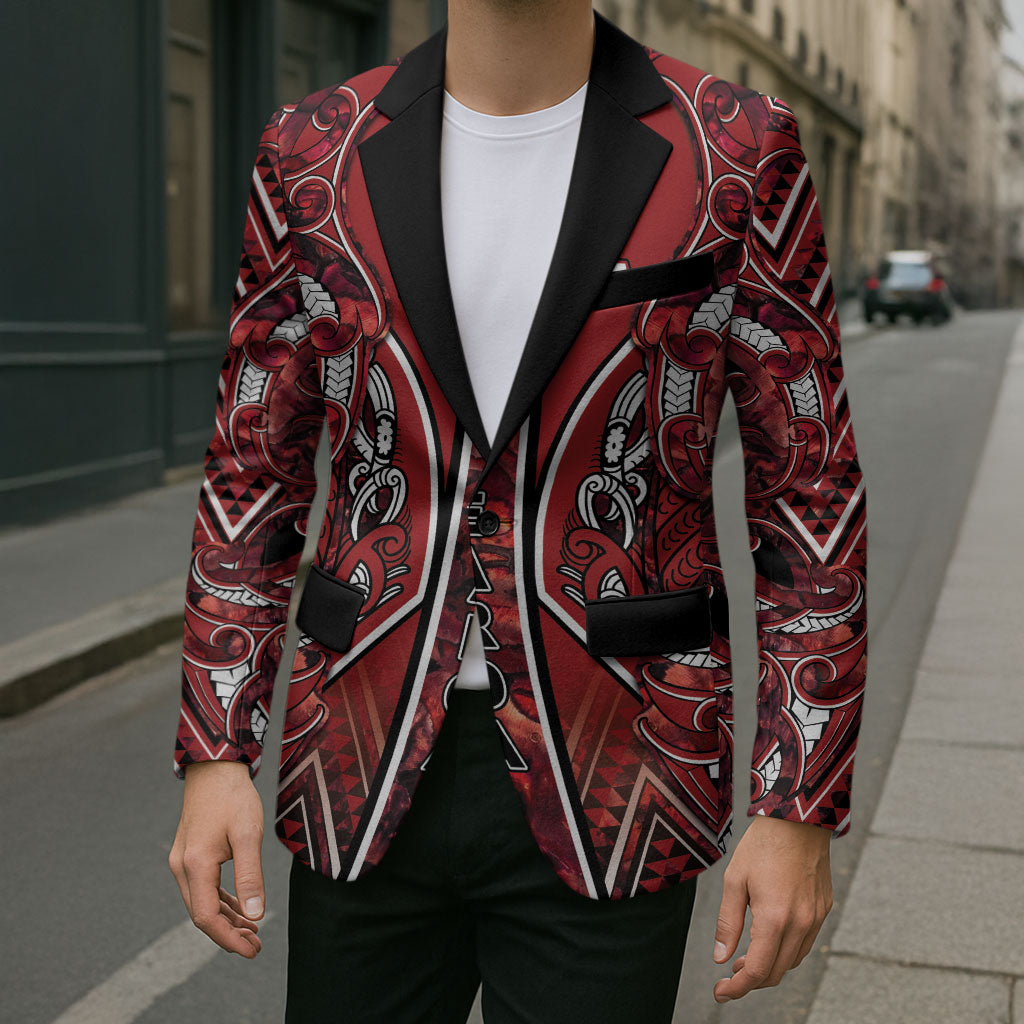 Aotearoa Te Arawa Blazer Maori Tribal Dark Red Paua Shell Pattern