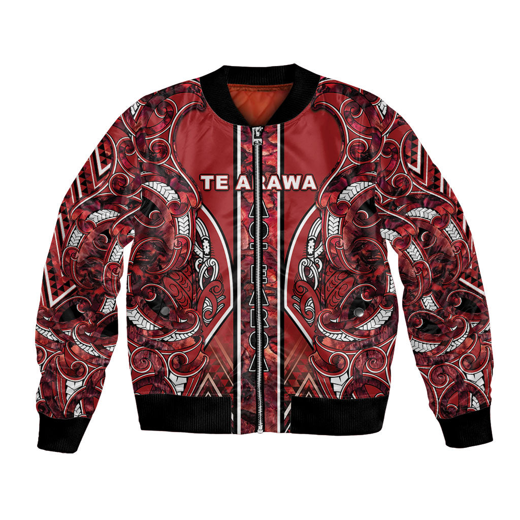 Aotearoa Te Arawa Bomber Jacket Maori Tribal Dark Red Paua Shell Pattern