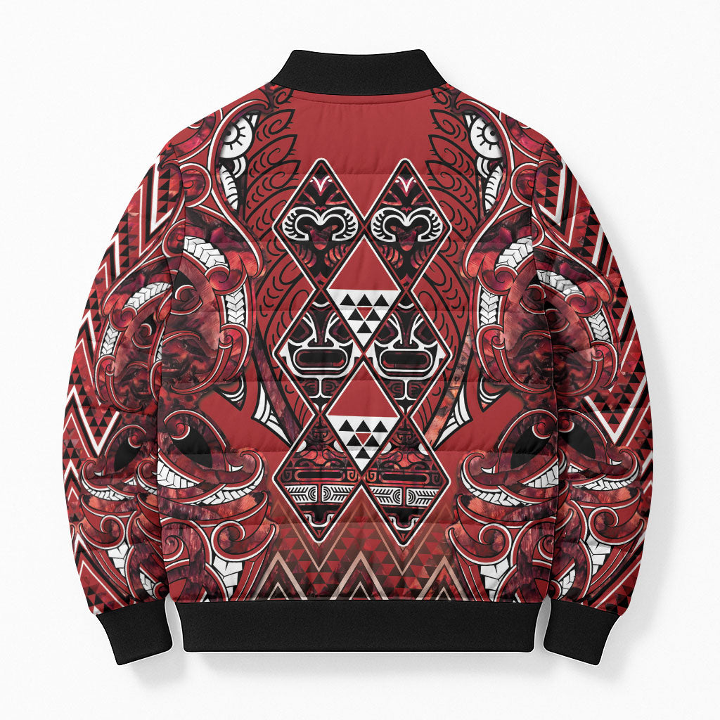Aotearoa Te Arawa Bomber Puffer Jacket Maori Tribal Dark Red Paua Shell Pattern
