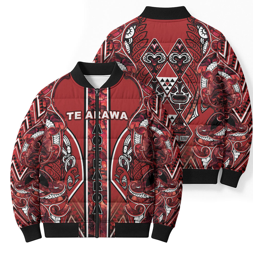 Aotearoa Te Arawa Bomber Puffer Jacket Maori Tribal Dark Red Paua Shell Pattern