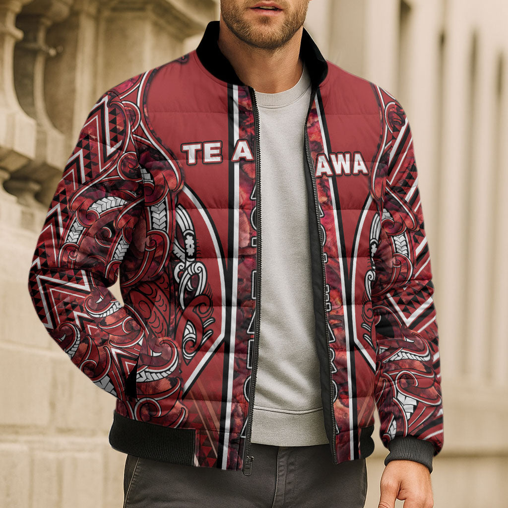 Aotearoa Te Arawa Bomber Puffer Jacket Maori Tribal Dark Red Paua Shell Pattern