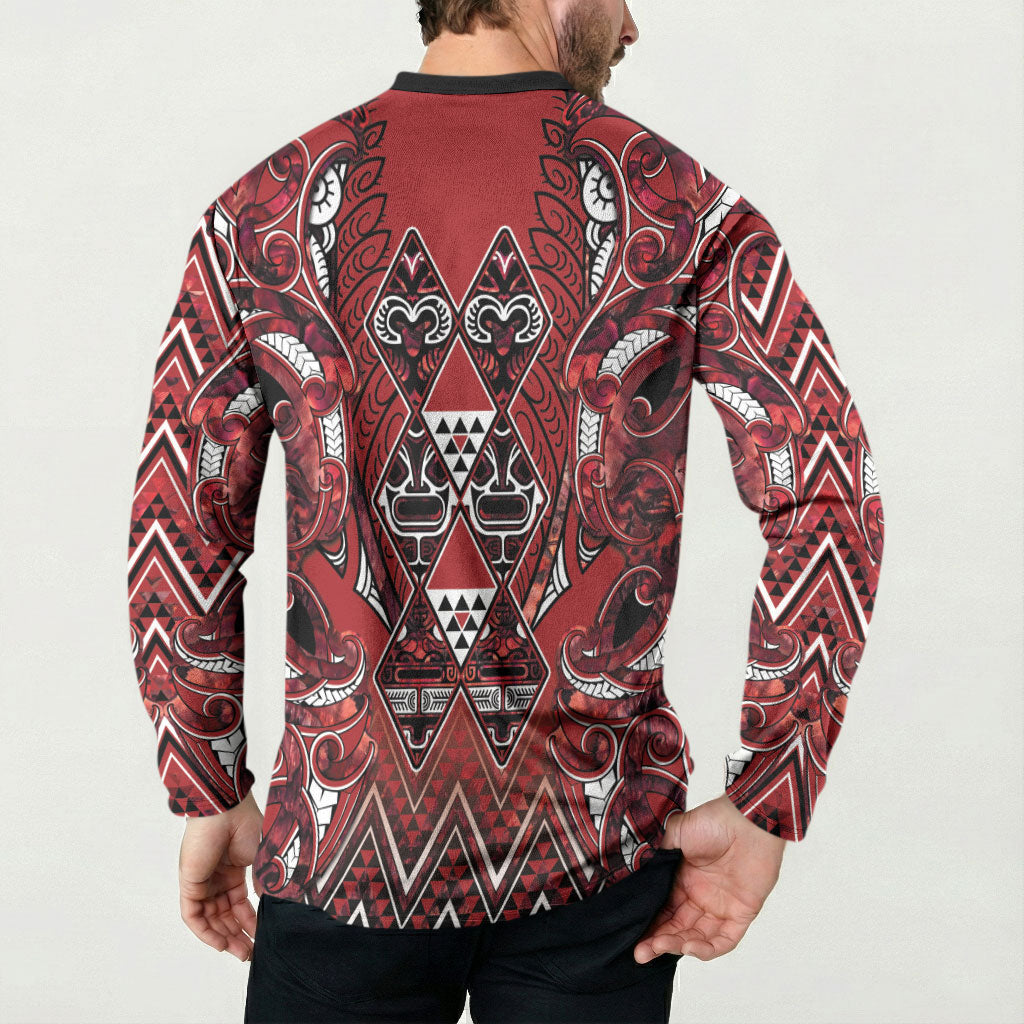 Aotearoa Te Arawa Button Sweatshirt Maori Tribal Dark Red Paua Shell Pattern