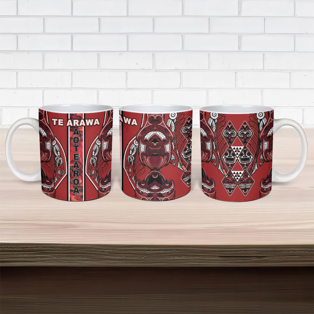 Aotearoa Te Arawa Ceramic Mug Maori Tribal Dark Red Paua Shell Pattern