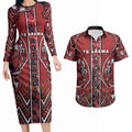 Aotearoa Te Arawa Couples Matching Long Sleeve Bodycon Dress and Hawaiian Shirt Maori Tribal Dark Red Paua Shell Pattern