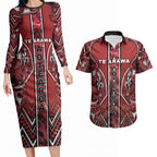 Aotearoa Te Arawa Couples Matching Long Sleeve Bodycon Dress and Hawaiian Shirt Maori Tribal Dark Red Paua Shell Pattern