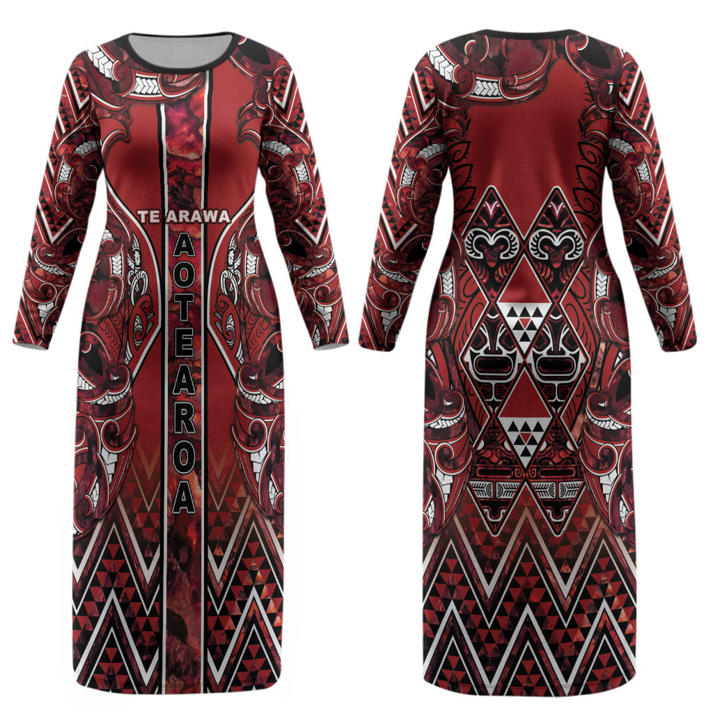 Aotearoa Te Arawa Couples Matching Long Sleeve Bodycon Dress and Hawaiian Shirt Maori Tribal Dark Red Paua Shell Pattern