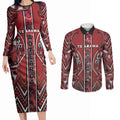 Aotearoa Te Arawa Couples Matching Long Sleeve Bodycon Dress and Long Sleeve Button Shirt Maori Tribal Dark Red Paua Shell Pattern