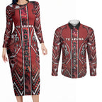 Aotearoa Te Arawa Couples Matching Long Sleeve Bodycon Dress and Long Sleeve Button Shirt Maori Tribal Dark Red Paua Shell Pattern