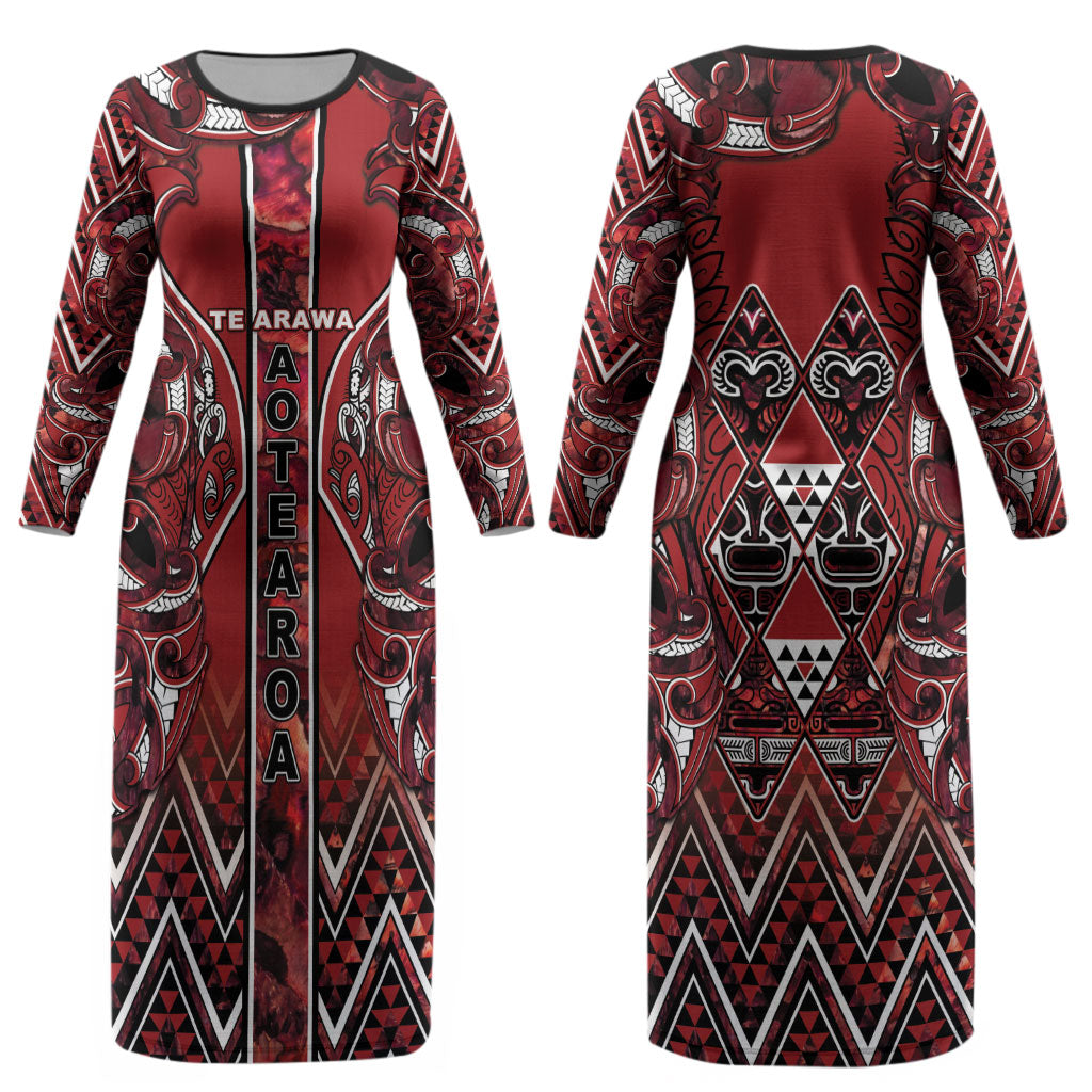 Aotearoa Te Arawa Couples Matching Long Sleeve Bodycon Dress and Long Sleeve Button Shirt Maori Tribal Dark Red Paua Shell Pattern