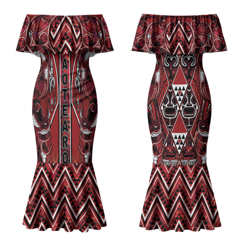 Aotearoa Te Arawa Couples Matching Mermaid Dress and Hawaiian Shirt Maori Tribal Dark Red Paua Shell Pattern