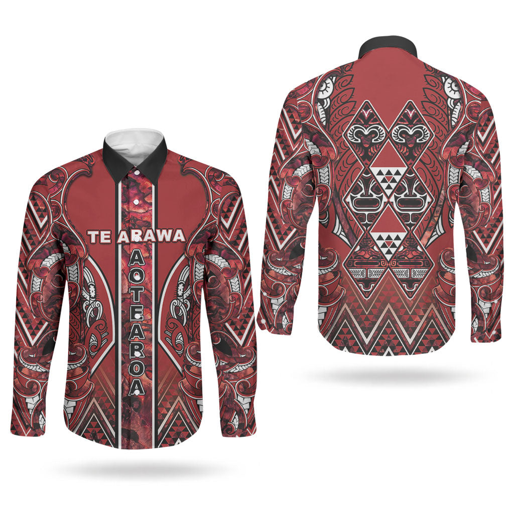 Aotearoa Te Arawa Couples Matching Mermaid Dress and Long Sleeve Button Shirt Maori Tribal Dark Red Paua Shell Pattern
