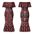 Aotearoa Te Arawa Couples Matching Mermaid Dress and Long Sleeve Button Shirt Maori Tribal Dark Red Paua Shell Pattern