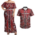 Aotearoa Te Arawa Couples Matching Off Shoulder Maxi Dress and Hawaiian Shirt Maori Tribal Dark Red Paua Shell Pattern