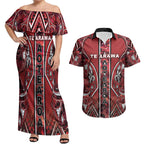 Aotearoa Te Arawa Couples Matching Off Shoulder Maxi Dress and Hawaiian Shirt Maori Tribal Dark Red Paua Shell Pattern