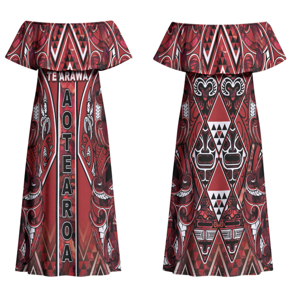 Aotearoa Te Arawa Couples Matching Off Shoulder Maxi Dress and Hawaiian Shirt Maori Tribal Dark Red Paua Shell Pattern