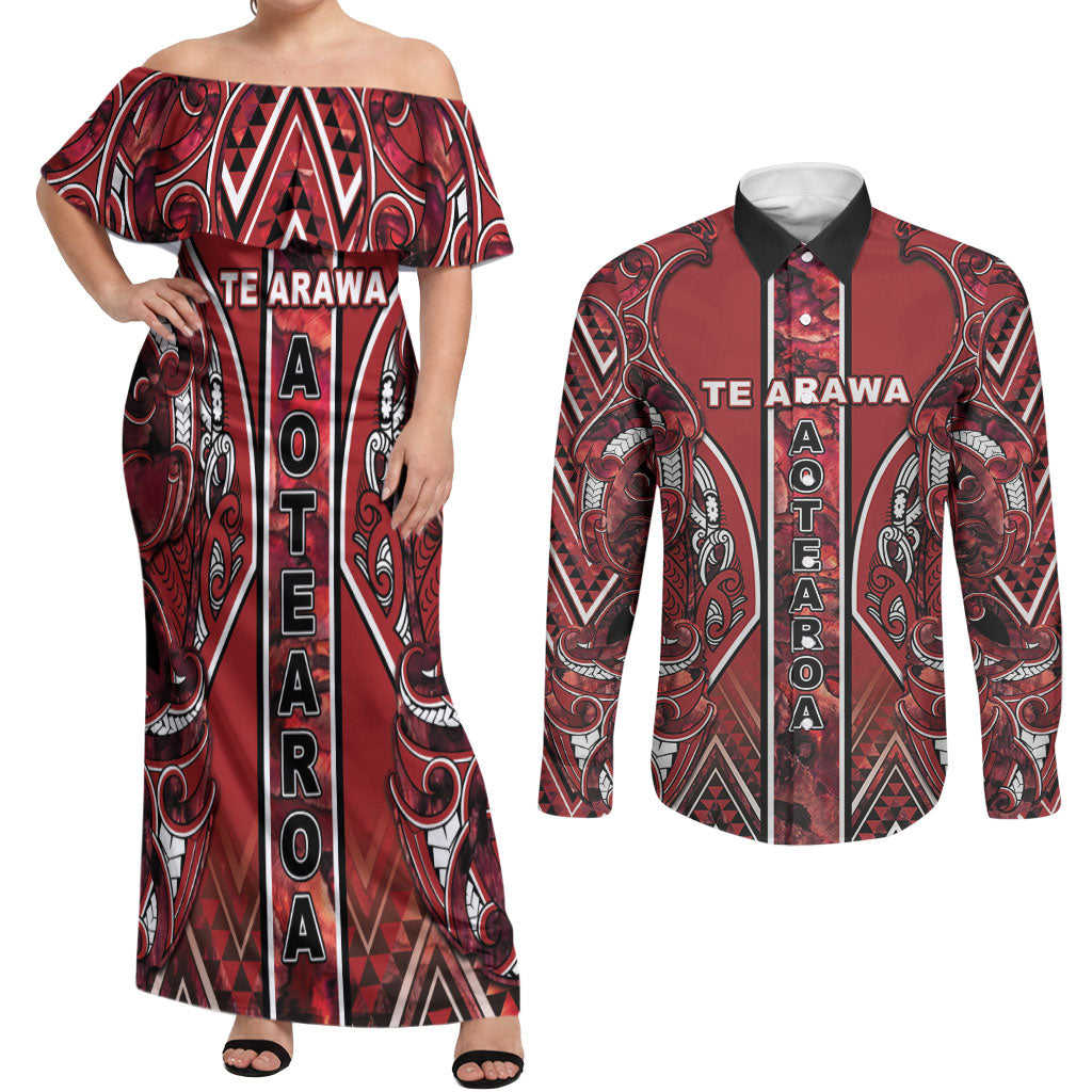 Aotearoa Te Arawa Couples Matching Off Shoulder Maxi Dress and Long Sleeve Button Shirt Maori Tribal Dark Red Paua Shell Pattern