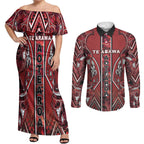 Aotearoa Te Arawa Couples Matching Off Shoulder Maxi Dress and Long Sleeve Button Shirt Maori Tribal Dark Red Paua Shell Pattern
