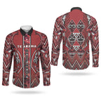 Aotearoa Te Arawa Couples Matching Off Shoulder Maxi Dress and Long Sleeve Button Shirt Maori Tribal Dark Red Paua Shell Pattern