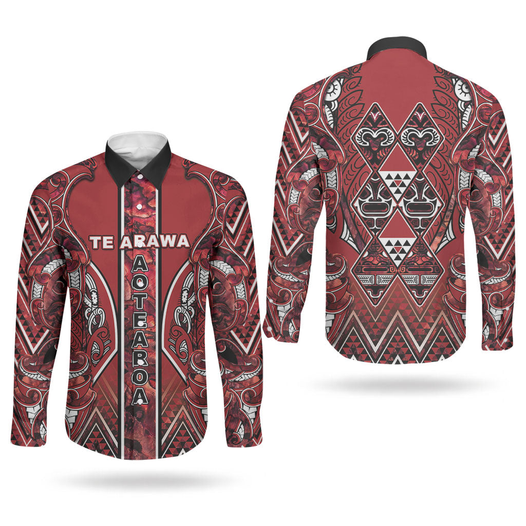 Aotearoa Te Arawa Couples Matching Off Shoulder Maxi Dress and Long Sleeve Button Shirt Maori Tribal Dark Red Paua Shell Pattern