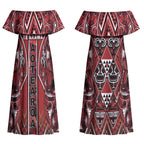 Aotearoa Te Arawa Couples Matching Off Shoulder Maxi Dress and Long Sleeve Button Shirt Maori Tribal Dark Red Paua Shell Pattern