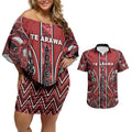 Aotearoa Te Arawa Couples Matching Off Shoulder Short Dress and Hawaiian Shirt Maori Tribal Dark Red Paua Shell Pattern