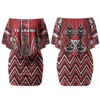 Aotearoa Te Arawa Couples Matching Off Shoulder Short Dress and Hawaiian Shirt Maori Tribal Dark Red Paua Shell Pattern