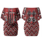 Aotearoa Te Arawa Couples Matching Off Shoulder Short Dress and Long Sleeve Button Shirt Maori Tribal Dark Red Paua Shell Pattern