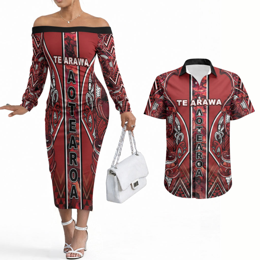 Aotearoa Te Arawa Couples Matching Off The Shoulder Long Sleeve Dress and Hawaiian Shirt Maori Tribal Dark Red Paua Shell Pattern