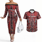 Aotearoa Te Arawa Couples Matching Off The Shoulder Long Sleeve Dress and Hawaiian Shirt Maori Tribal Dark Red Paua Shell Pattern