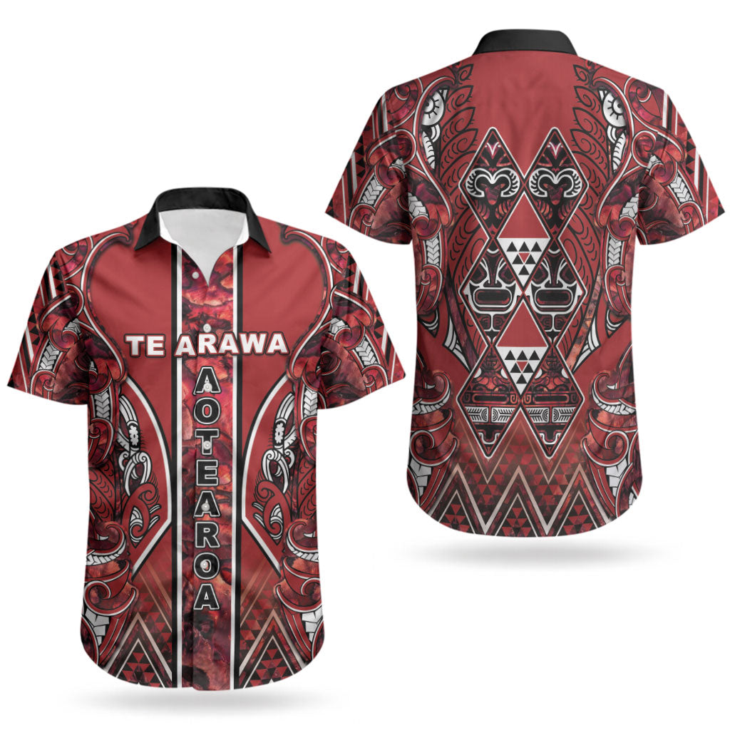Aotearoa Te Arawa Couples Matching Off The Shoulder Long Sleeve Dress and Hawaiian Shirt Maori Tribal Dark Red Paua Shell Pattern