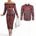 Aotearoa Te Arawa Couples Matching Off The Shoulder Long Sleeve Dress and Long Sleeve Button Shirt Maori Tribal Dark Red Paua Shell Pattern