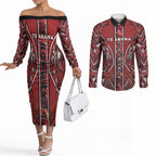 Aotearoa Te Arawa Couples Matching Off The Shoulder Long Sleeve Dress and Long Sleeve Button Shirt Maori Tribal Dark Red Paua Shell Pattern