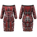 Aotearoa Te Arawa Couples Matching Off The Shoulder Long Sleeve Dress and Long Sleeve Button Shirt Maori Tribal Dark Red Paua Shell Pattern