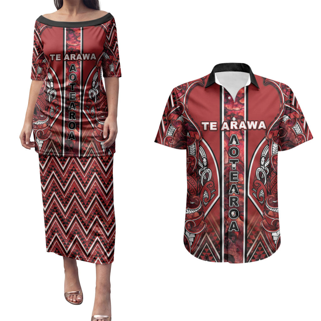 Aotearoa Te Arawa Couples Matching Puletasi and Hawaiian Shirt Maori Tribal Dark Red Paua Shell Pattern