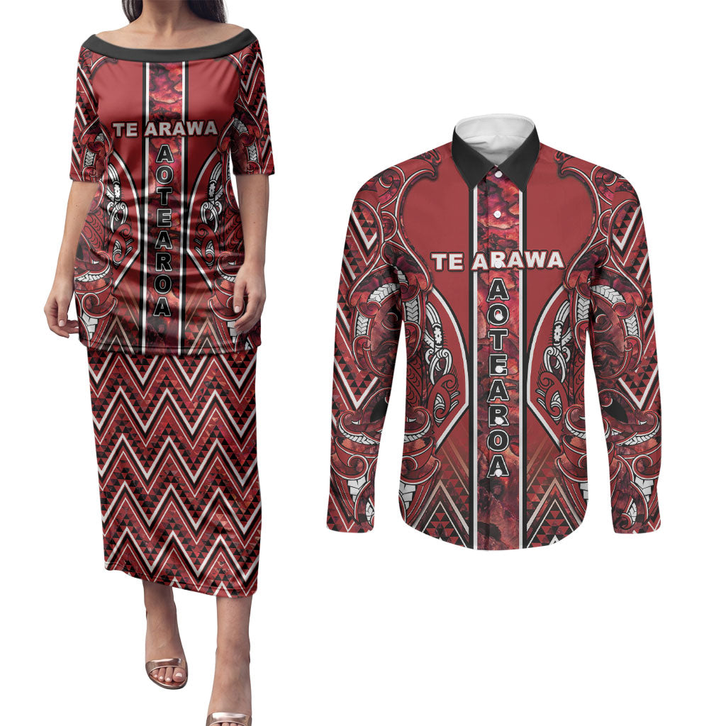 Aotearoa Te Arawa Couples Matching Puletasi and Long Sleeve Button Shirt Maori Tribal Dark Red Paua Shell Pattern