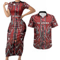 Aotearoa Te Arawa Couples Matching Short Sleeve Bodycon Dress and Hawaiian Shirt Maori Tribal Dark Red Paua Shell Pattern