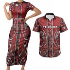 Aotearoa Te Arawa Couples Matching Short Sleeve Bodycon Dress and Hawaiian Shirt Maori Tribal Dark Red Paua Shell Pattern