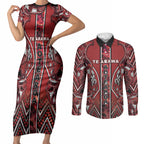 Aotearoa Te Arawa Couples Matching Short Sleeve Bodycon Dress and Long Sleeve Button Shirt Maori Tribal Dark Red Paua Shell Pattern