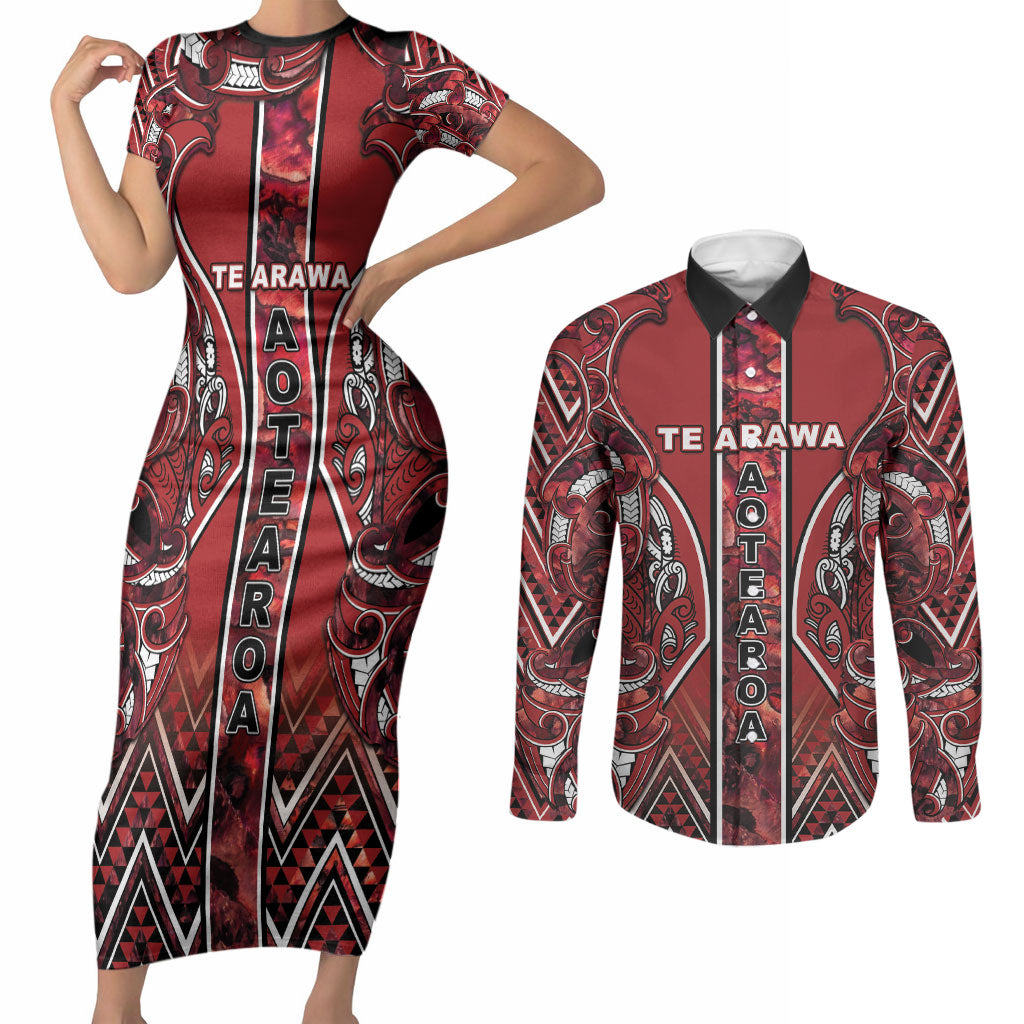 Aotearoa Te Arawa Couples Matching Short Sleeve Bodycon Dress and Long Sleeve Button Shirt Maori Tribal Dark Red Paua Shell Pattern