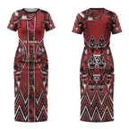 Aotearoa Te Arawa Couples Matching Short Sleeve Bodycon Dress and Long Sleeve Button Shirt Maori Tribal Dark Red Paua Shell Pattern