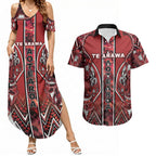 Aotearoa Te Arawa Couples Matching Summer Maxi Dress and Hawaiian Shirt Maori Tribal Dark Red Paua Shell Pattern